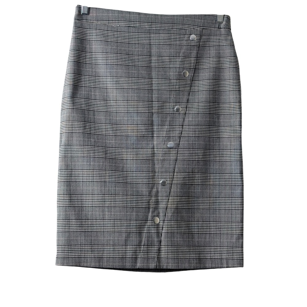SOHO Apparel Ltd Skirt Womens Medium Gray Plaid Snap Button Midi Pencil Skirt - Picture 1 of 10